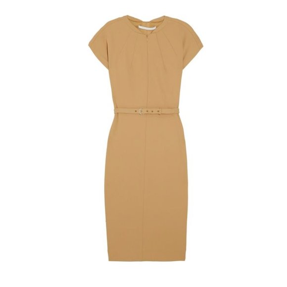DVF Maizah front-zip belted sheath dress tan camel 12 - Picture 1 of 13